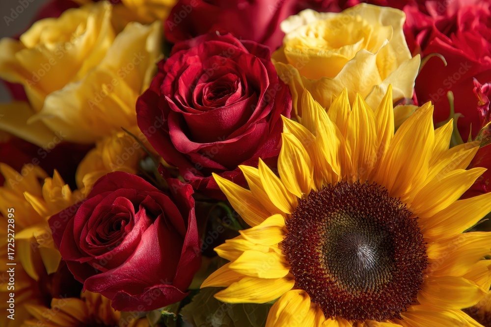 Fototapeta premium Vibrant Floral Harmony: Red Roses and Yellow Sunflowers in a Stunning Arrangement