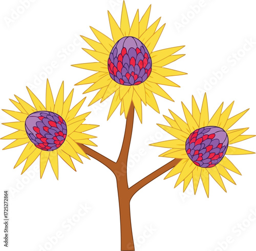 Whimsical trio of sunflowers with vibrant purple centers hand drawn illustration vector