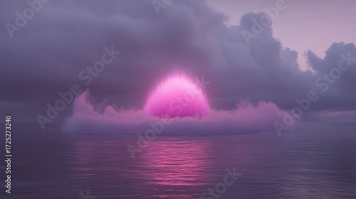 Ethereal Pink Orb Emerging from the Ocean: A Surreal Twilight Seascape