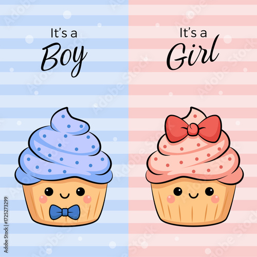 Cute vector illustration of two cupcakes for gender reveal party. Pink cupcake with red hair bow for girl and blue cupcake with blue bow tie for boy. 