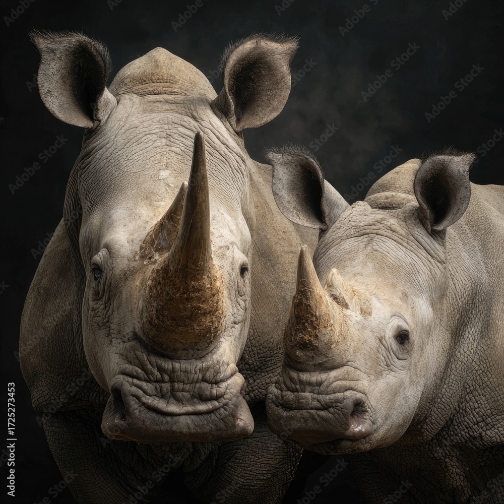 Obraz premium Two rhinos stand close showcasing their large horns and wrinkled skin against a dark textured background