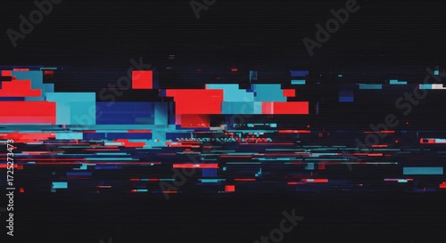 Abstract digital glitch art with red blue and black color blocks.