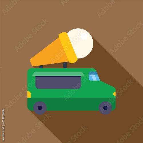 Green ice cream truck selling ice cream cones during summertime, featuring a big ice cream cone on top