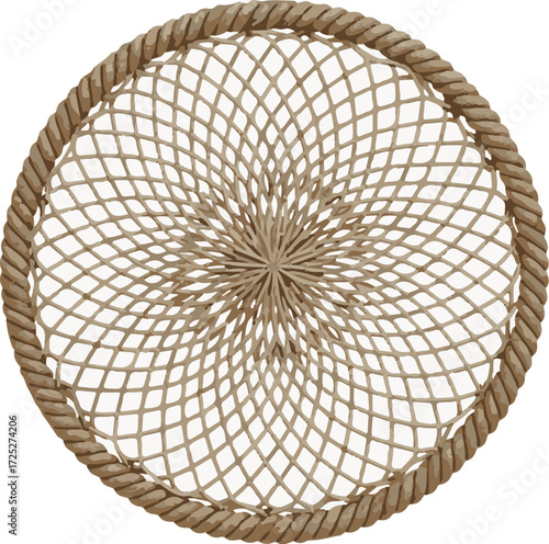 3D vector icon of fishing net with detailed mesh pattern and realistic rope texture
