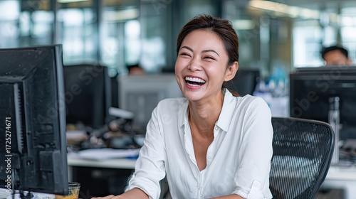 Happy asian woman laughing while working at a computer in a modern office workplace. Successful business person concept.