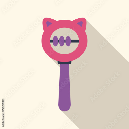 Pink cat shaped baby rattle with purple handle casting a long shadow, perfect for playful little ones