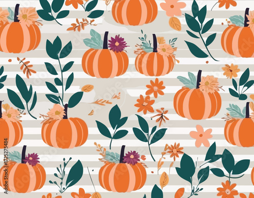 Fall pumpkin flowers cute coquette bows seamless pattern
