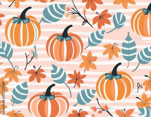 Fall pumpkin flowers cute coquette bows seamless pattern