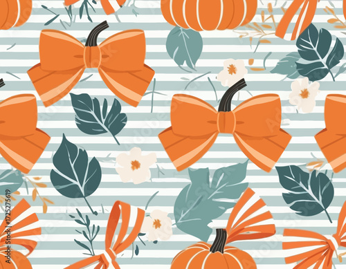 Fall pumpkin flowers cute coquette bows seamless pattern