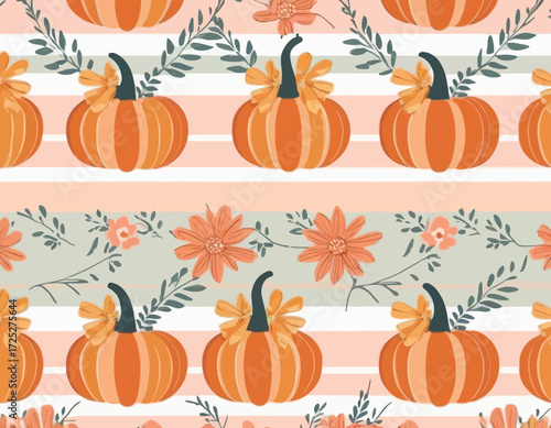 Fall pumpkin flowers cute coquette bows seamless pattern