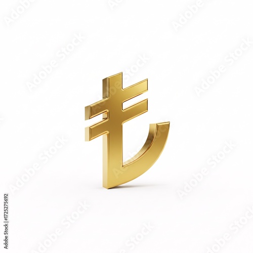 A golden 3D Turkish lira symbol standing on a white surface,