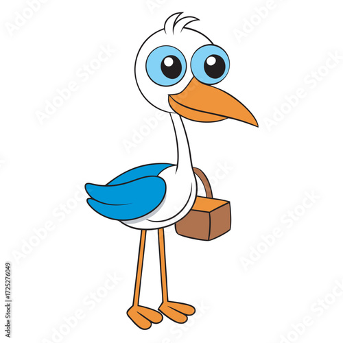 Cartoon stork with a package is standing up