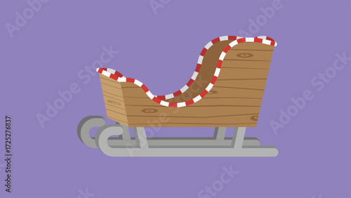 Wooden sleigh with red and white stripes. Vector illustration.