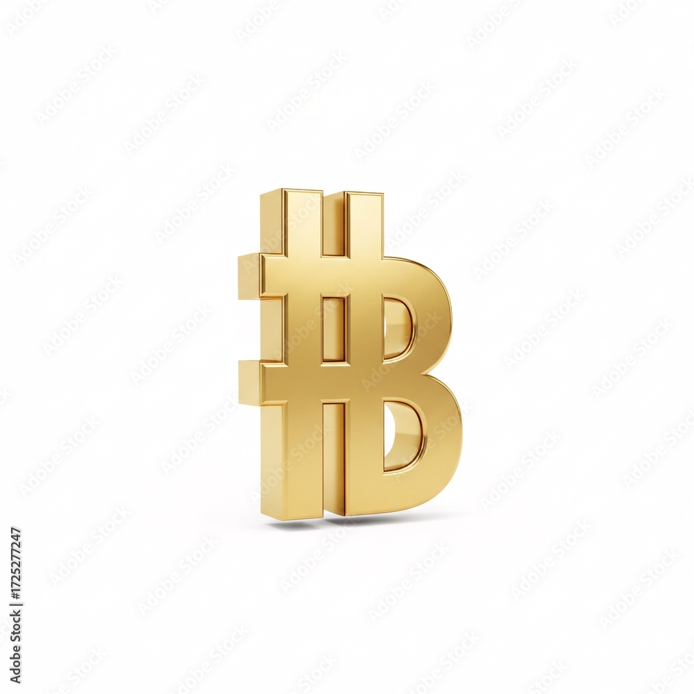 Obraz premium A golden 3D Thai baht symbol standing on a white surface,
