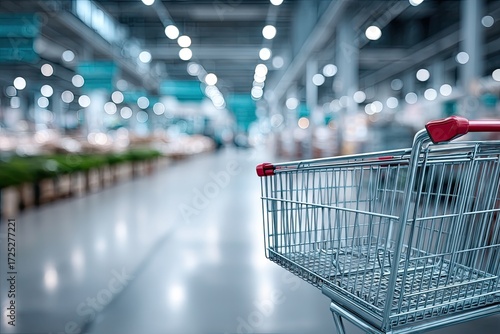 Wallpaper Mural Close up View of Metal Shopping Cart in Blurry Supermarket Aisle with Fluorescent Lighting and Green Shelves Torontodigital.ca