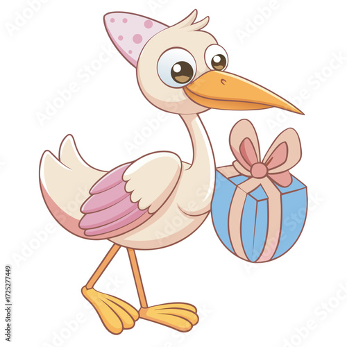 Cute stork delivering a baby gift