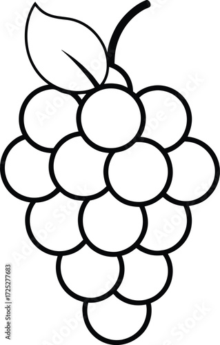 Black and white line art illustration of a bunch of grapes with a leaf fruit food