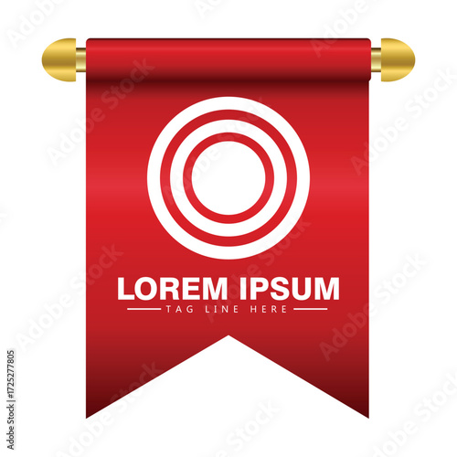 Red pennant flags with logo mockup, blank hanging banners with golden tassels, rounded, concave, pointed and double edges. Medieval heraldic ensign templates, canvas