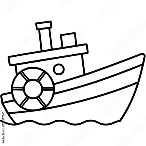 Outlined old fashioned paddle steamer sailing on wavy water simple and minimal icon