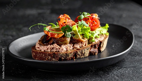 Open-faced sandwich with pate, tomatoes, and greens on dark bread, served on a black plate.