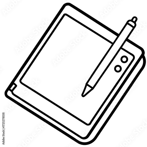 Minimalist graphic tablet with stylus illustration great for website design and creative design presentation in black and white