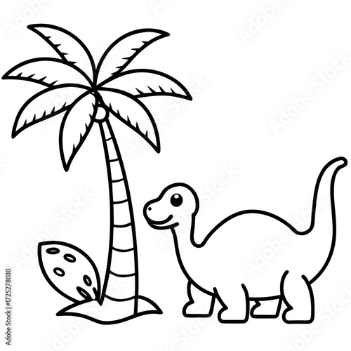 Cartoon dinosaur with palm tree in black and white line art illustration vector style