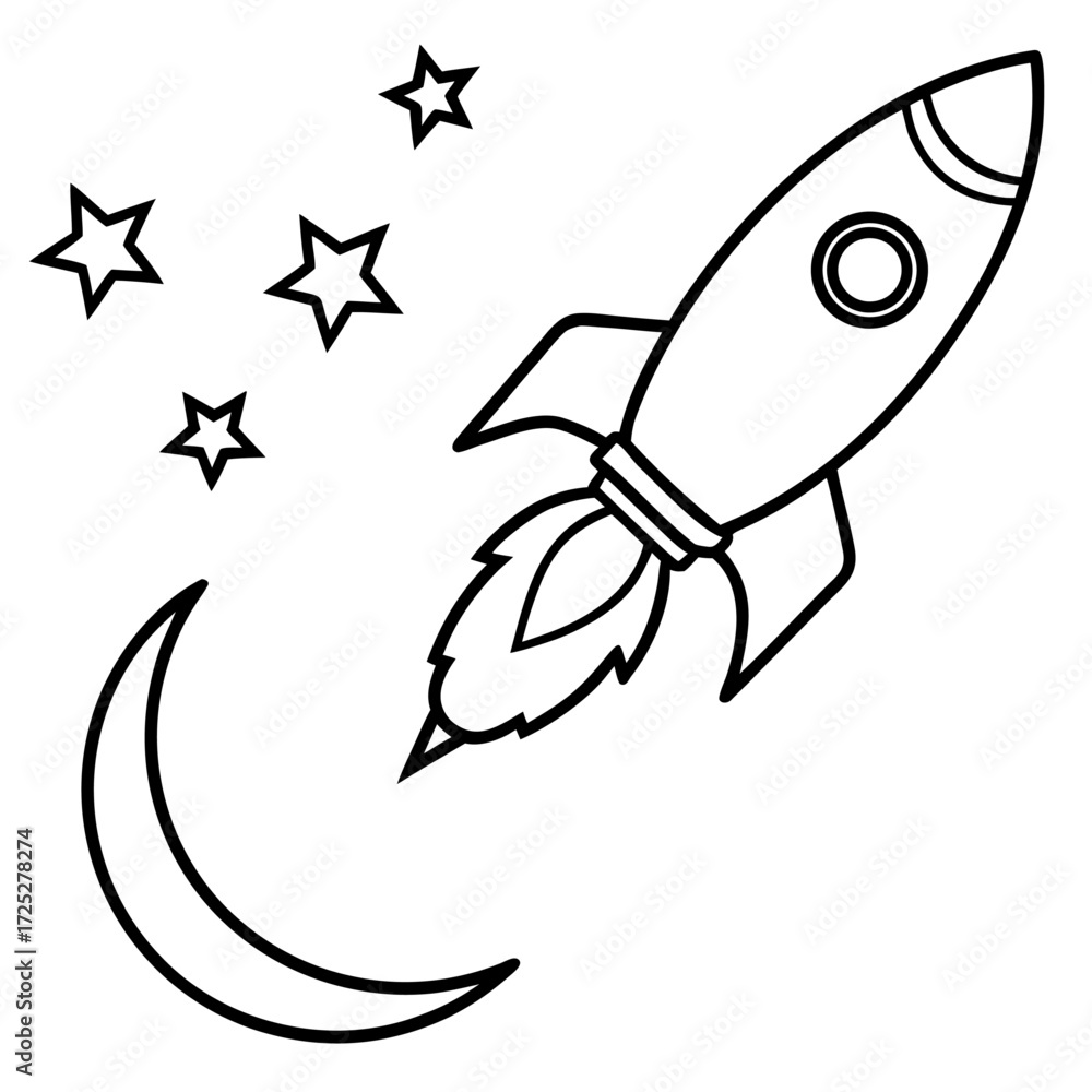 Fototapeta premium Rocket taking flight to the stars with moon and flames in black and white style drawing