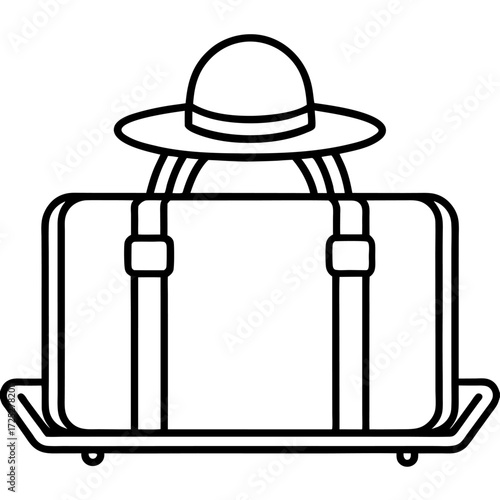 Monochrome Illustration of Suitcase with Hat for Travel Destination Vector Design Concept