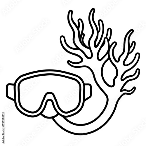 Line art illustration of diving mask with coral for snorkeling adventures in ocean environments