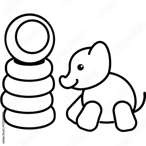 Elephant illustration with stacking rings line art drawing representing baby toys for toddlers design