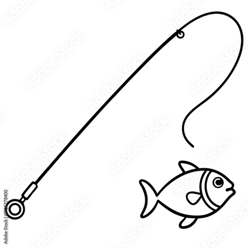 Illustration of a Fishing Pole with Hook and Fish waiting to be caught in black and white style