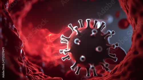 Close-up view of viruses and red blood cells inside the human bloodstream. Concept of disease and infection.