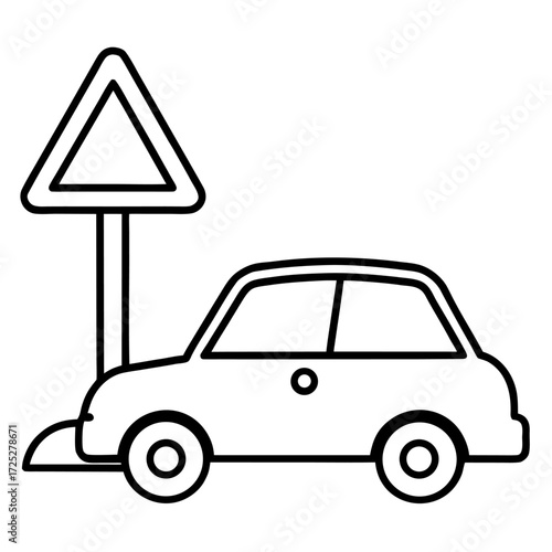 Illustrated car with triangular warning sign on a road representing traffic safety design vector