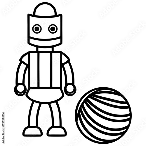Stylized cartoon robot with a striped ball playful illustration robotic character concept