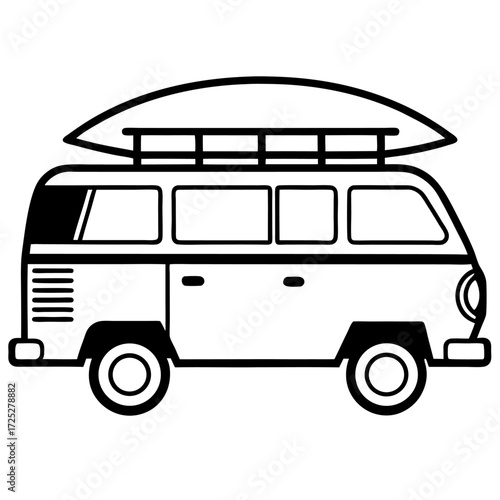 Vintage camper van with surfboard on top ready for adventure and summer vacation memories