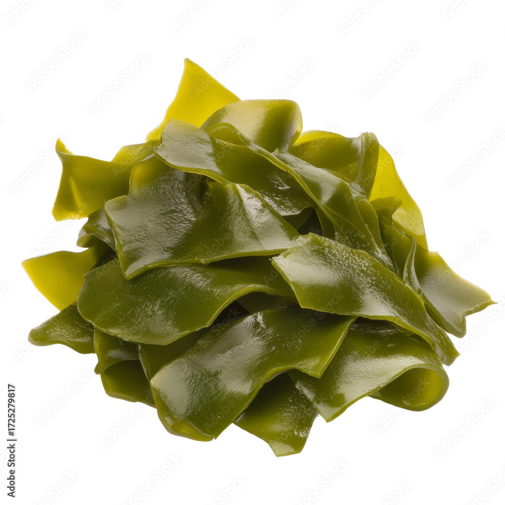 Fototapeta premium Wakame seaweed green glossy edible marine healthy natural fresh isolated organic nutritious delicious smooth texture Asian cuisine ocean vegan