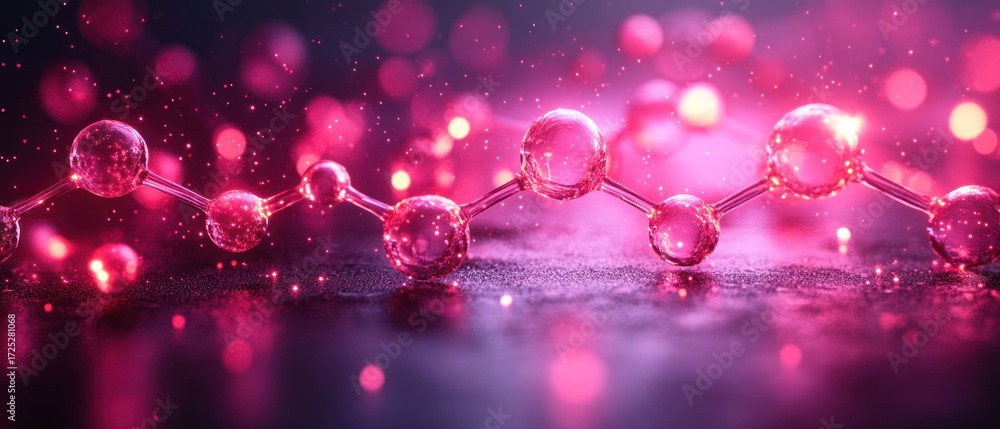 Obraz premium Molecular Structure: A Glimmering Pink Chain of Atoms in a Sparkling Bokeh Background
