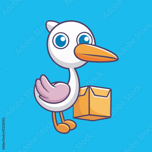 Cute stork cartoon character delivering a package with a blue background