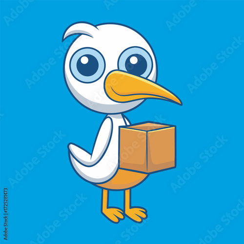 Cartoon stork delivering a package on a bright blue colored background