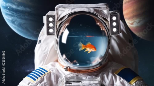An astronaut wearing a space suit and helmet with a goldfish swimming inside. This surreal image symbolizes imagination and isolation, inviting calm reflection.