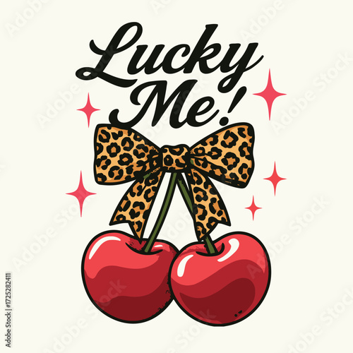 Lucky Me Retro Cherry Illustration with Leopard Print Bow and Sparkle Elements – Vintage Vector T-Shirt Design