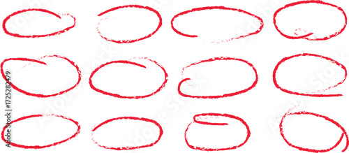 A group of twelve irregular, handdrawn oval shapes with a red outline, presented on a clean white background, ideal for marking or emphasizing information in presentations and documents