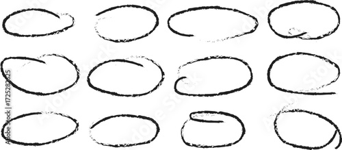 A collection of twelve handdrawn, sketchy oval shapes with a black outline, isolated on a white background, perfect for highlighting text or creating visual emphasis in designs