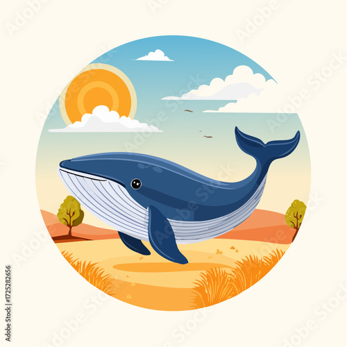 A blue whale in a surreal desert landscape under a bright sun and sky.
