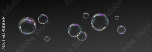 Realistic soap vector bubbles png isolated on transparent background. The effect of falling and flying bubbles. Glass bubble effect.	
