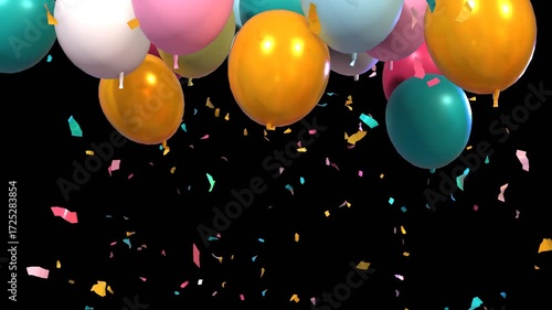Vibrant 3D balloons floating upward, symbolizing joy and festivity. Ideal for birthday, party, or holiday themes. Includes alpha channel