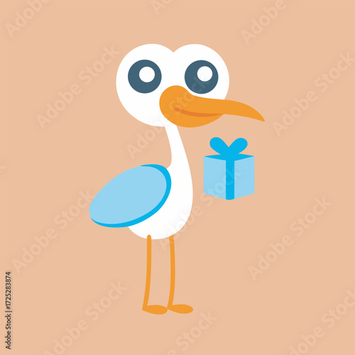 Cartoon stork delivering a gift box with a blue ribbon on a peach background