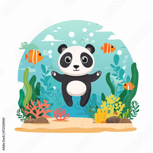 A cute cartoon panda swimming happily underwater with colorful fish and coral.