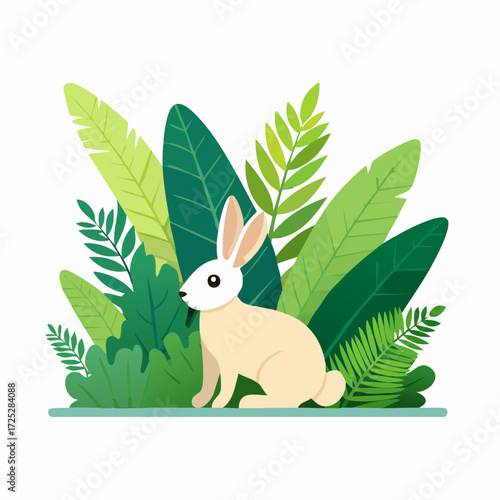 A cute white rabbit sitting peacefully among lush green tropical leaves and foliage illustration.