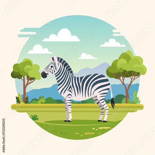 A cartoon zebra stands in a vibrant green savanna landscape with trees, mountains, and a blue sky with clouds.